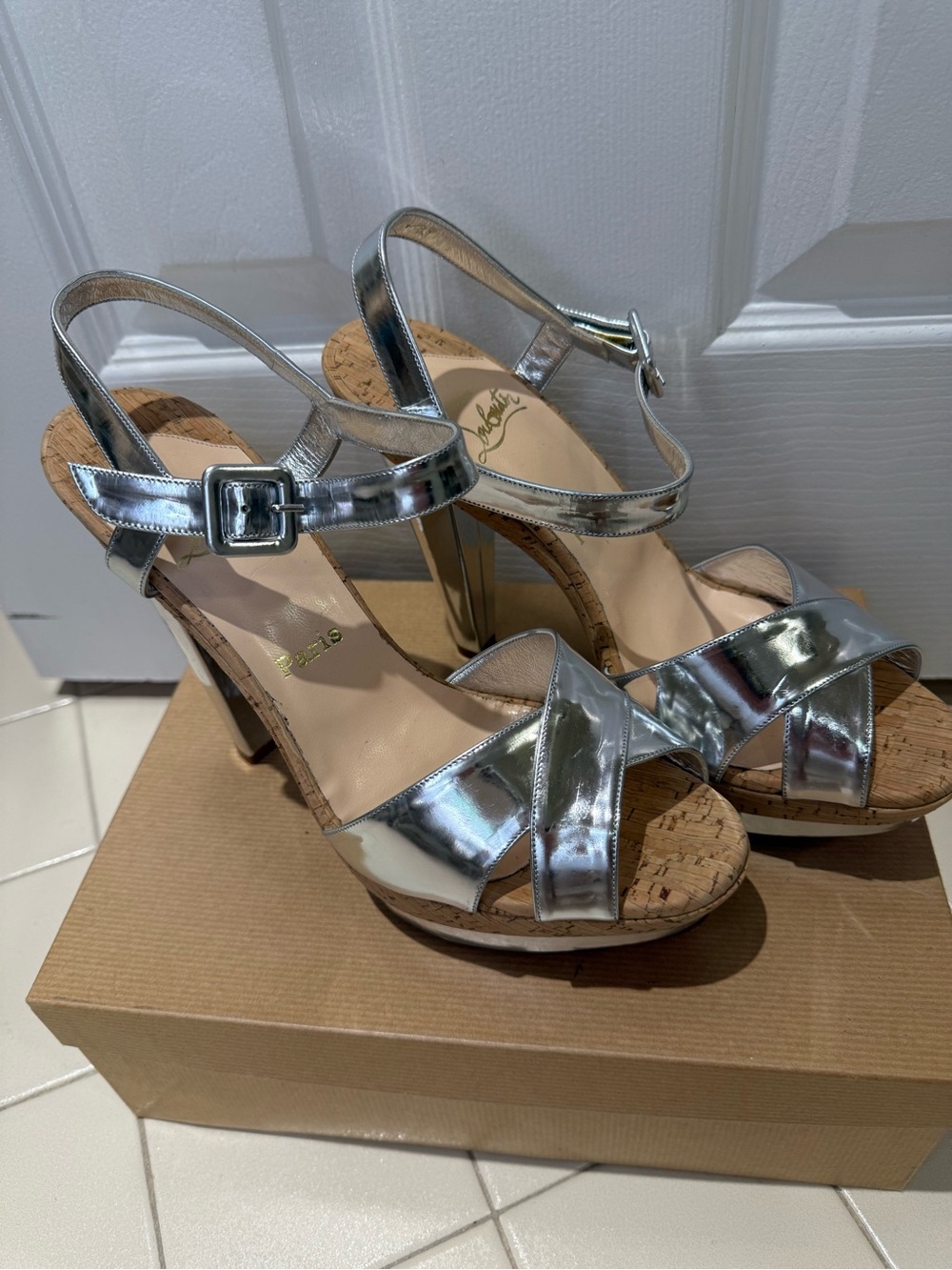 Christian Louboutin Silver Metallic Cork Platform Heels